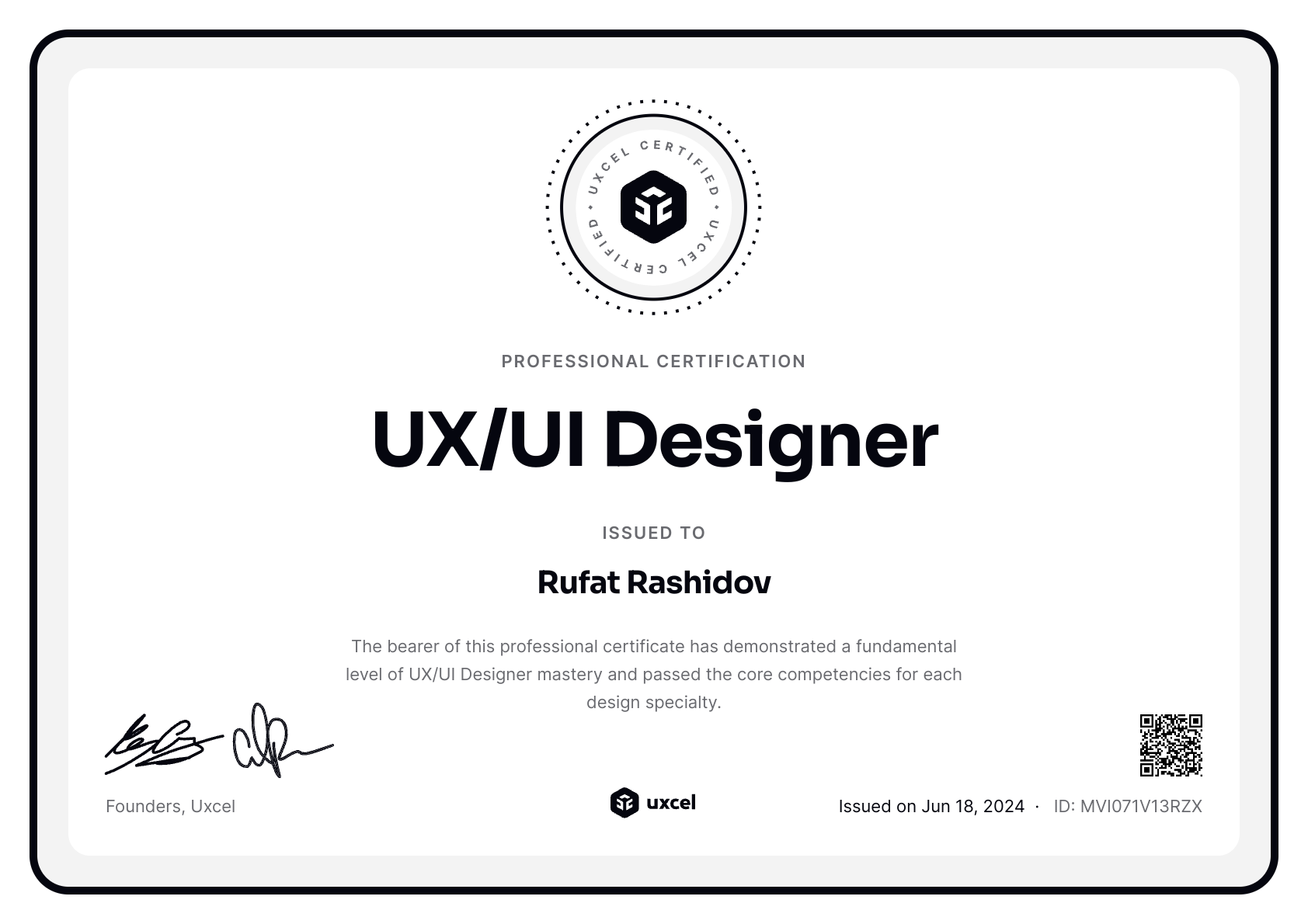 Rufat Rashidov's certificate